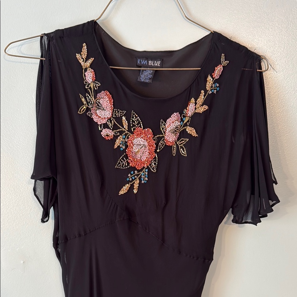Eva Blue Black Dress with Floral Seed Design